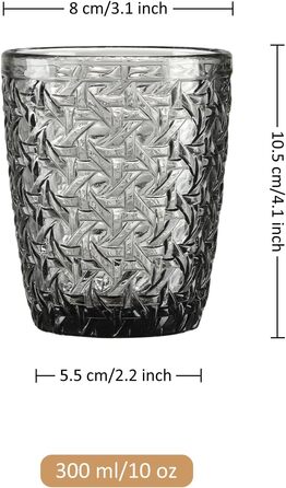 Joeyan 300 ml Gray Water Glasses with Embossed Design, Modern Drinking Glasses Juice Glasses Tumblers, Dishwasher-Safe Glasses Set of 6