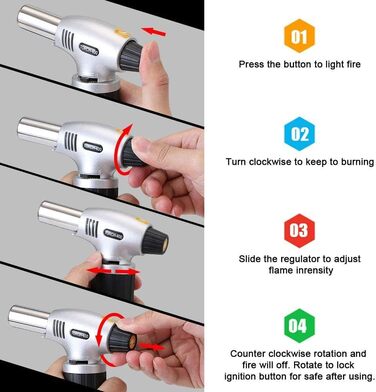 Газовий пальник Flintronic для приготування Creme Brulee, BBQ, кемпінгу, кодування. 3-х дюзовий, з безпечним замком, 2 щітки (Butan не входить)