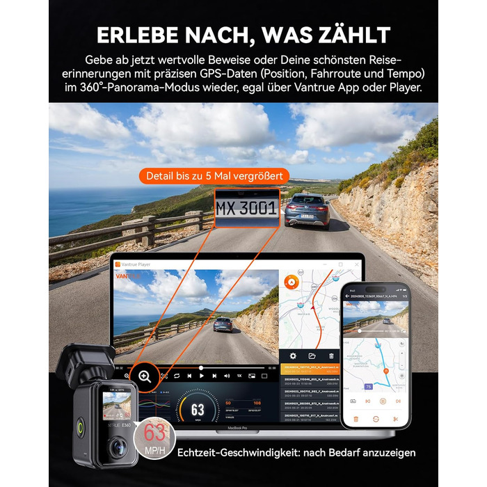 Панорамний відеореєстратор VANTRUE E360 5.2K Dual STARVIS 2 HDR 360°, сенсорний екран 1.54