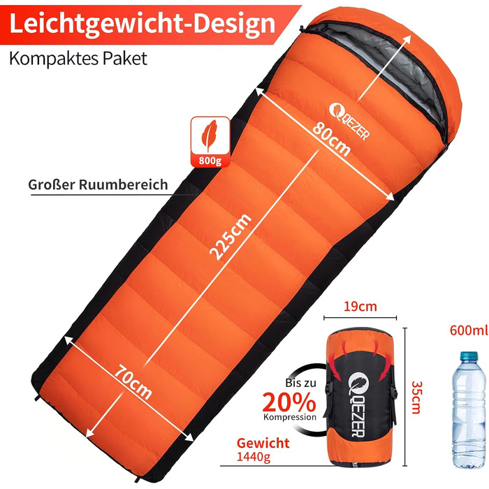 Спальний мішок пуховий зимовий, 600FP+ Premium, 12°C до -24°C, 3-4 сезони, для кемпінгу, трекінгу, походів, оранжевий