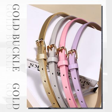 LEACOOLKEY Набір з 4 тонких шкіряних жіночих ременів для суконь, джинсів та штанів з золотою пряжкою (100см, 130см). Підходить для об'єму талії 66-79см та 104-114см. Кольори: золото, сірий, рожевий, фіолетовий