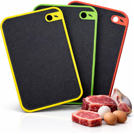 Набір з 3 дощок для нарізання з пластику, кухонні дошки з антибактеріальним покриттям, неслизькі з жолобом для соку та пресом для часнику (червоний, жовтий, зелений)
