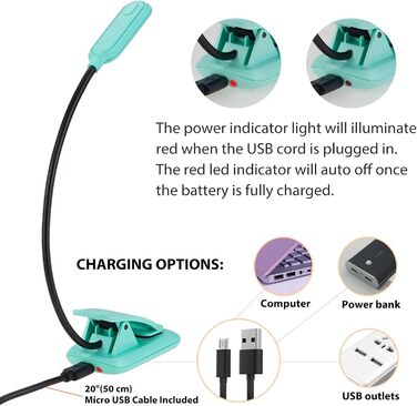 Ліхтар для читання BIGMONAT з USB зарядкою, кліпсою, 6 LED, 3 режими яскравості та колірної температури, гнучкий на 360°, синій