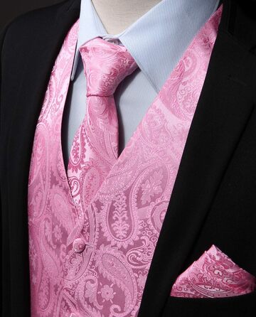 Жаккардова жилетка для костюма чоловіча Enlision на весілля з краваткою та нагрудником. Квітковий візерунок Paisley, рожева, XL