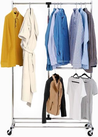 Tatkraft Drago Clothes Rack - Stable, with 2 Clothes Rails, up to 110 kg, Coat Rack, Adjustable, Clothes Rack on Wheels, Metal, (Silver)