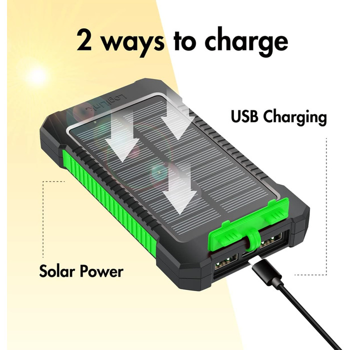 Портативний зарядний пристрій Solar Powerbank 8000 mAh з ліхтариком, чорно-оранжевий, одночасна зарядка 2 пристроїв (2x USB Type-A)