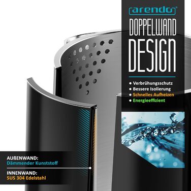 Електричний чайник Arendo з регулюванням температури, нержавіюча сталь, подвійні стінки Cool Touch, дисплей, бездротовий, 2200 Вт, 1,7 л, захист від перегріву, функція підтримки тепла, чорний