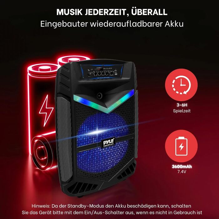 Pyle PA Bluetooth Гучномовець – Караоке Машина з Мікрофоном, 400W, Музична Система, Partybox, Акумуляторний, 8” Сабвуфер, 1” Твітер, Функція Запису, Підсвічування, USB/SD-Радіо