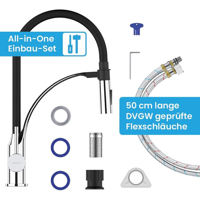 Кухонний змішувач Bächlein Nedo – поворотний на 360° з нержавіючої сталі, з гнучкою голкою та виливним гусаком з перемикачем, для кухні (гнучкий)