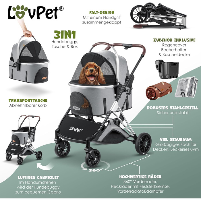 Візок для собак 3в1: візок-переноска, сумка-переноска, візок-бігун для тварин до 20 кг (сірий/сріблястий)