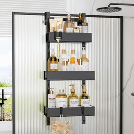 Настінна поличка для душу Orimade з гачками, регульована, без свердління, 3 шт., чорний колір, 3 яруси