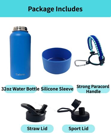 2L Stainless Steel Water Bottle with Straw, Double-Insulated 2 Liter Water Bottle with Two Lids and Protective Silicone Boot, Paracord Handle for Easy Carrying - (2000 ml, Blue)