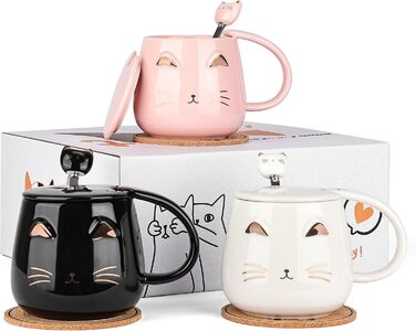 Set of 3 Cat Cups - Cute Ceramic Cat Cups with Lid, Spoon, and Coaster. Cat Coffee Mug for Women, Kids, 380ml. Christmas, Birthday Cat Gift Mug (Black, White, Pink)