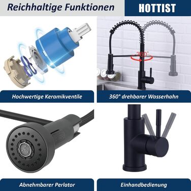 Чорний кухонний змішувач з висувною лійкою, високий поворотний вигин, 360° оберт, 2 режими розпилення, шланговий вилив, нержавіюча сталь, матовий чорний