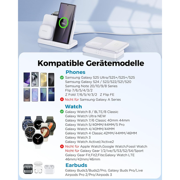 Бездротова зарядка EGV 3-в-1 для Samsung Galaxy S25 Ultra/S24/S23, Z Fold/Flip 7/6, Buds, Watch Ultra/8/7 - без адаптера