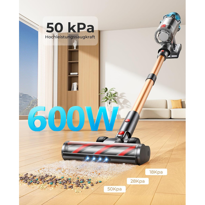 Бездротовий акумуляторний пилосос Fieety 8-в-1, 50kPa, 600W, 65 хв, 1.6л, без мішка, з антизаплутуванням волосся, насадка для диванів, станція зарядки, для шерсті тварин, килимів, твердих поверхонь, авто