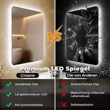 Дзеркало для ванної кімнати з підсвічуванням 60x50 см, LED, 6400K, біле світло, вертикальне/горизонтальне кріплення