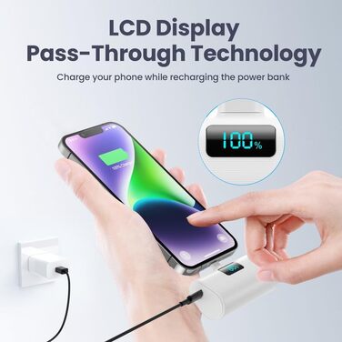 Портативний Power Bank 5200mAh з підтримкою PD 20W для iPhone. Компактний акумулятор з LCD-дисплеєм, сумісний з iPhone 14/13/12/11/XR/XS/8/7/6plus. Білий