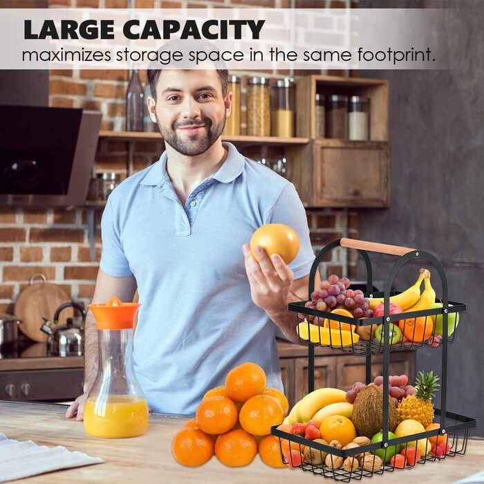 Двоярусна фруктова корзина DODUOS, етажерка для фруктів та овочів, чорна металева фруктова тарілка з ручкою, для дому, кухні, офісу