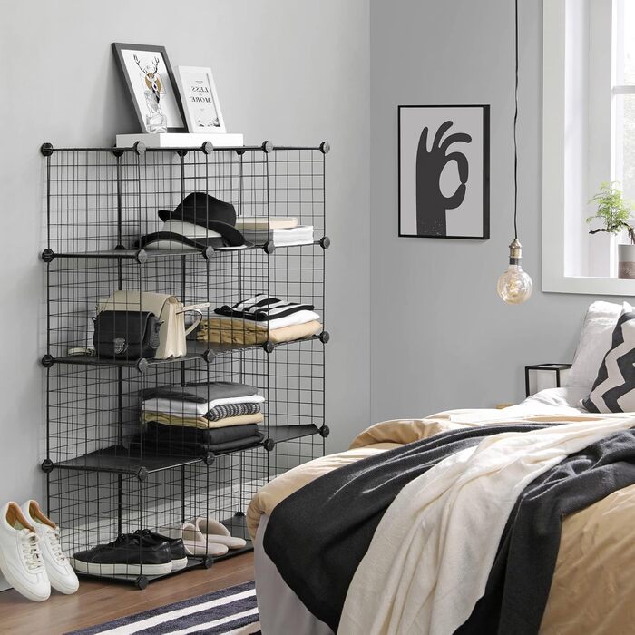 SONGMICS Grid Panel Storage Rack, Shelving System, Cube Storage, Set of 12 Cubes, for Shoes, Books, Living Room, Bedroom, Expandable, 31 x 93 x 123 cm, White LPI34W (Black)
