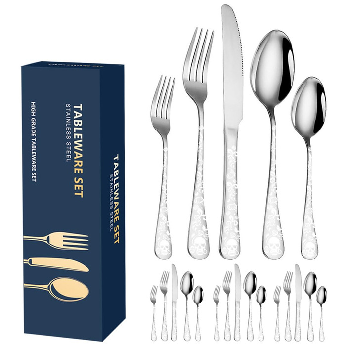 Набір столових приборів Xiaoyu Готичний (20 шт) на 4 особи: Черепи, квіти, сріблястий - для Хелловіну та вечірок