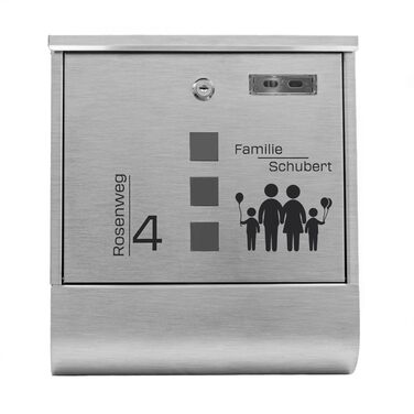 Поштовий ящик Grafner з нержавіючої сталі, персоналізований з газетницею та 2 ключами. Гравіювання імені, вулиці та номера будинку. Комплект для монтажу (Сім'я 4)
