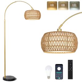 Rayofly Торшер для вітальні Bogenlampe, бохо стиль, ротанг, з пультом ДУ та LED-лампою, керування через додаток, димування, для спальні, офісу (Золотий)