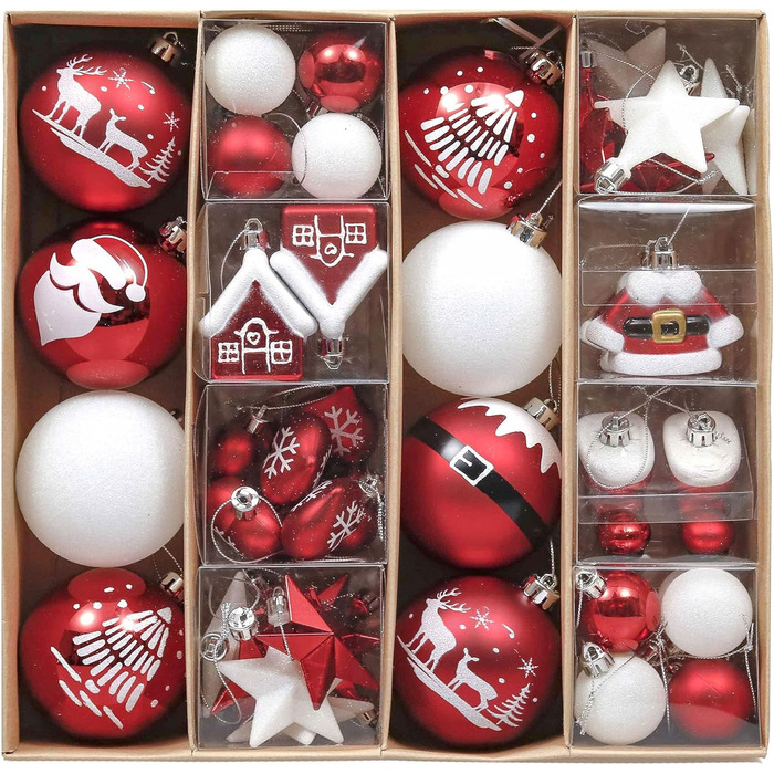 Набір ялинкових прикрас Valery Madelyn 50 шт. - кульки з пластику, червоно-білі, для ялинки, святкова декорaція