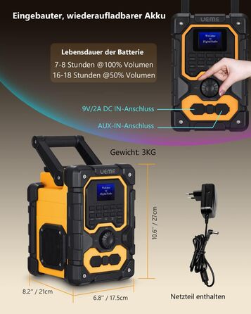 Радіо для будівельного майданчика DAB+ FM з Bluetooth 5.0, 16W стерео, акумулятор 8000mAh (18h), USB зарядка, Aux, вологозахист, пилозахист (жовто-чорне)