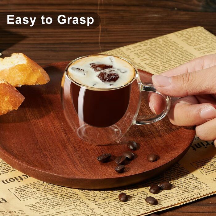 Набір з 2 еспресо-чашок PARACITY, подвійні стінки, 75 мл, з ручкою, з боросилікатного скла, аксесуари для еспресо