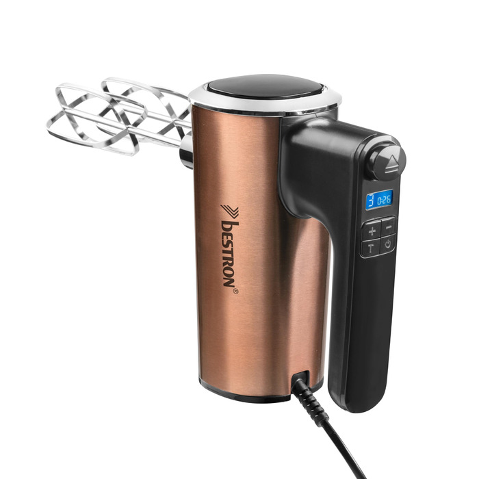 Міксер ручний Bestron Power з 6 рівнями потужності, Turbo-функцією та LCD-дисплеєм. В комплекті: 2 вінчики та 2 гаки для тіста. Легкий (1 кг), колір: мідний