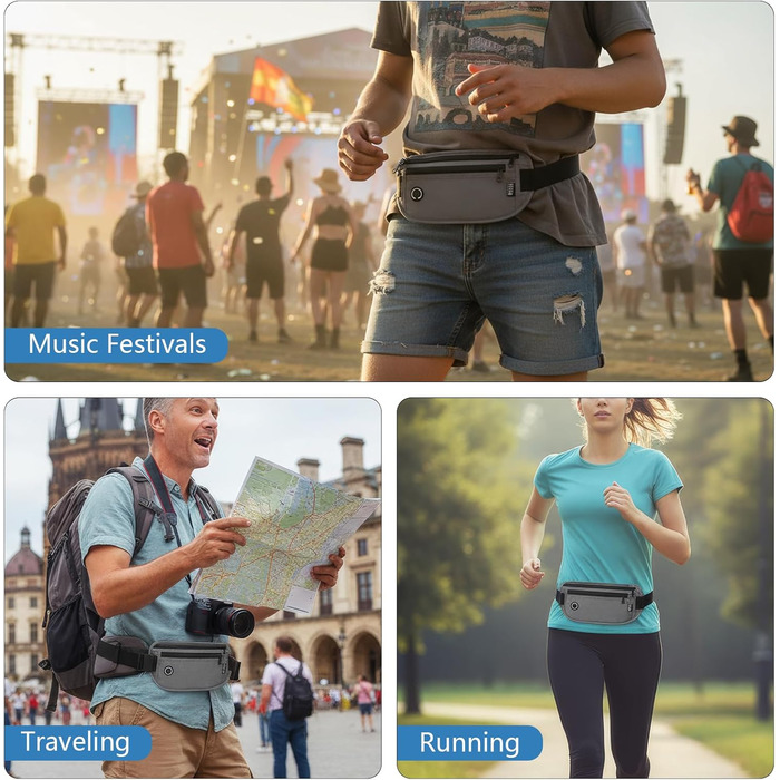 Чоловіча та жіноча поясна сумка Vinato з захистом від крадіжок та RFID, сіра. Ідеальна для подорожей, фестивалів, спорту та зберігання документів.