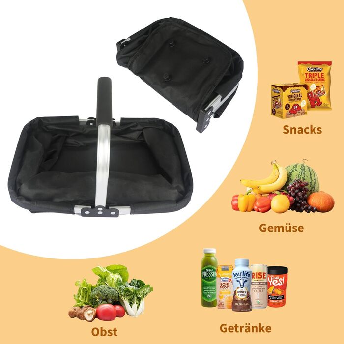 Складаний кошик для покупок 25L з міцними ручками та кишенею на блискавці, чорний