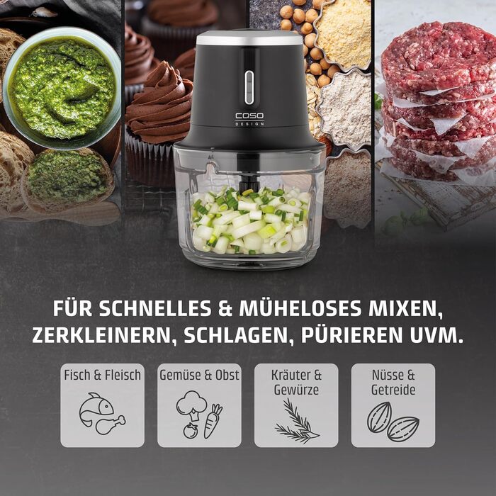 CASO Chop & Go – Електричний подрібнювач для кухні з акумулятором, 1.0 л, 2 швидкості, USB-C, з лопаткою
