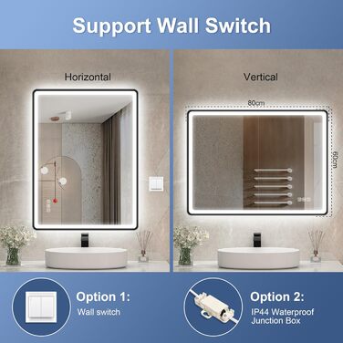 Дзеркало для ванної кімнати зі світлодіодним підсвічуванням STARLEAD 80x60 см, Bluetooth, протитуманне, регульоване, 3 кольори світла, HD скло, IP44, горизонтальне/вертикальне