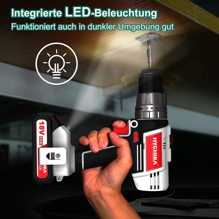 Акумуляторний шуруповерт HYCHIKA 18V, 45 Nm, 2.0 Ah, 21+3 ступені, 2 швидкості, з набором аксесуарів