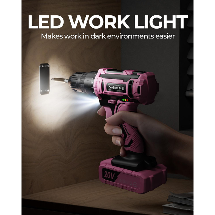 Акумуляторний дриль-шуруповерт 21V з 2 акумуляторами 2000mAh, 45Nm, 2 швидкості, 25+3 ступені крутного моменту, патрон 10мм, 27 предметний набір та кейс для дому та DIY (рожевий)