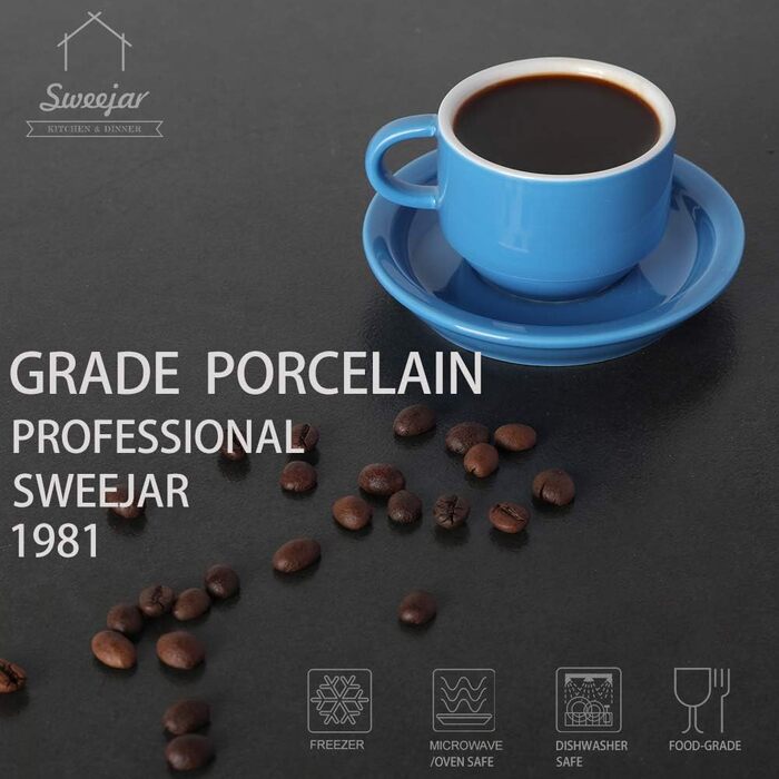 Набір порцелянових чашок еспресо Sweejar Home (6 шт.) з підставками, 70 мл, для кави, мокко, чаю (чорний)