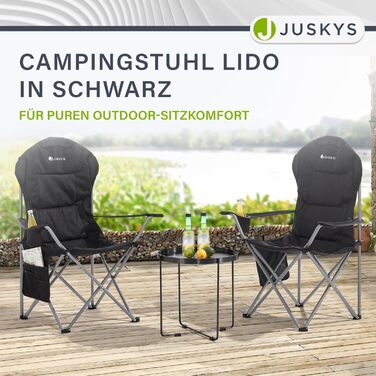 Крісло для кемпінгу Juskys Lido складне з підстаканником, бічною кишенею та сумкою для перенесення - зручне крісло для відпочинку на природі з підлокітниками та спинкою - 4 кольори (чорний)