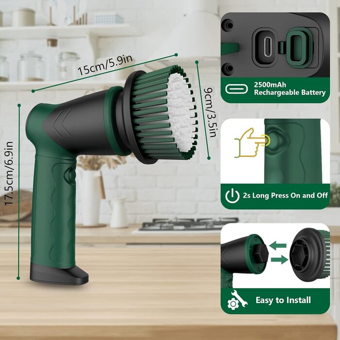 Electric cleaning brush, Cleaning Brush with 6 interchangeable cleaning heads, Spin Scrubber 2 speeds, Scrubber for bathroom, tile floor and car, LED display