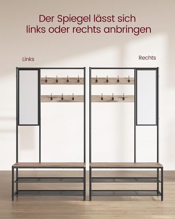 VASAGLE Coat Rack, Wardrobe, Coat Stand with Hooks, Mirror, Bench, 35 x 98 x 180 cm, for Entryway, Bedroom, Living Room, Modern, Oak-White HSR415W09 (Camel Brown + Ink Black)