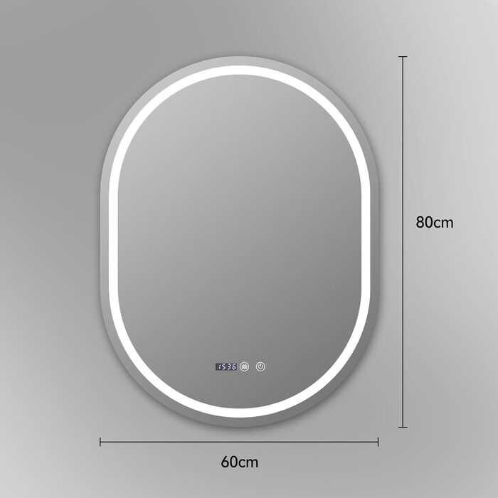 Дзеркало для ванної кімнати YOURLITE з підсвічуванням, 60 см, LED, сенсорне керування, 3 кольори світла, регулювання яскравості, антизапар, пам'ять, годинник, овальне, білий