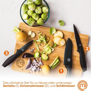 Набір кухонних ножів MasterChef: кухонний, овочевий, для чищення, нержавіюча сталь, антипригарне покриття, Soft-Touch ручки, чорний, 3 шт.