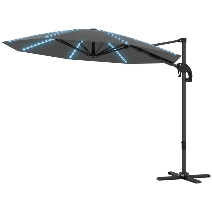 Сонячний парасоль з алюмінію Outsunny з LED-підсвіткою, сонячний, Ø300см, регульована висота, парасоль з ручним підйомом, стійка, SPF 50+, водовідштовхувальний, 360° обертання, торговельний парасоль, регульований нахил, садовий парасоль, захист від сонця 