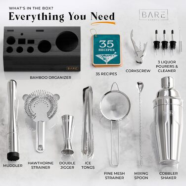 Bare Barrel Pro Cocktail Set - 14-Piece Boston Shaker Set with Stand & Recipe Cards - Bar Accessories - 24oz Cobbler Shaker (Jet Black, Silver, Black)