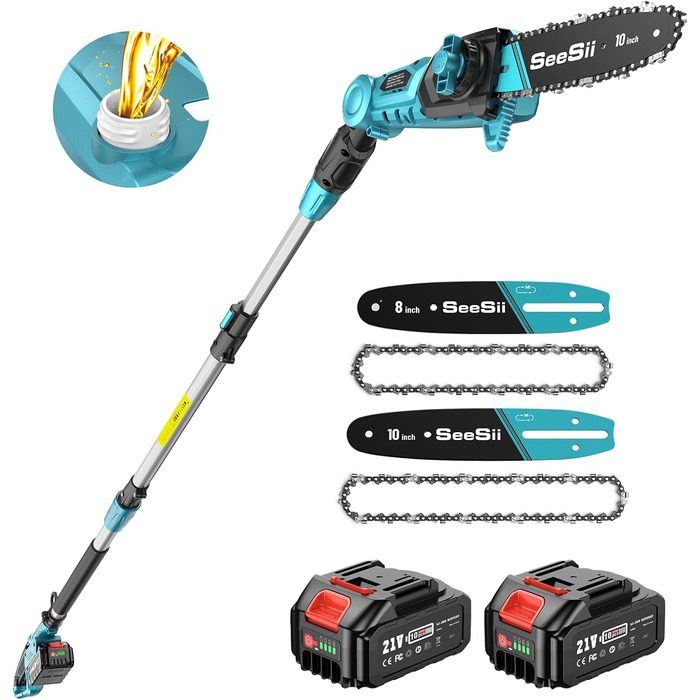 SEESII Безщіткова міні-пилка 6 дюймів, ручна акумуляторна пилка з 2 * 4000 mAh акумуляторами, одноручна пилка з автоматичним змащенням, сумісна з акумулятором Makita 18V, електрична пилка для дерева, гілок 6 дюймів Безщіткова (8&10 дюймовий високий за