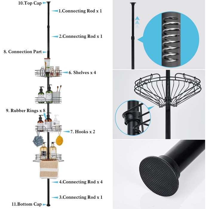 DUFU Поличка для душу та ванни кутова металева з 4 кошиками, регульована висота 73-265 см, чорна
