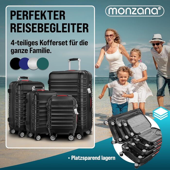 Набір валіз Monzana® 4 шт. з замком, органайзером, вагами, ременем, гелевими ручками, подвійними колесами, ніжок, роликом, жорсткий корпус, чорний (S-M-L-XL)
