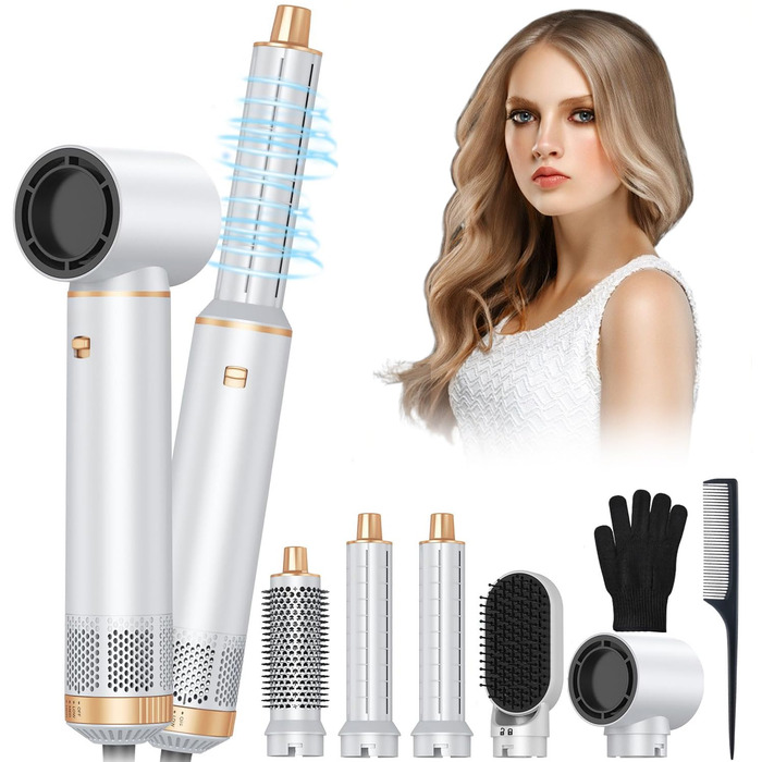 Airstyler 5 в 1: Фен-щітка для волосся, 1000W, білий. Створення об'єму, сушка, укладка, завивки. Підходить для всіх типів волосся. Набір з автоматичними локонами