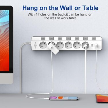 Мережевий фільтр KEPLUG з USB, 4000W, 16A, 6 розеток, білий